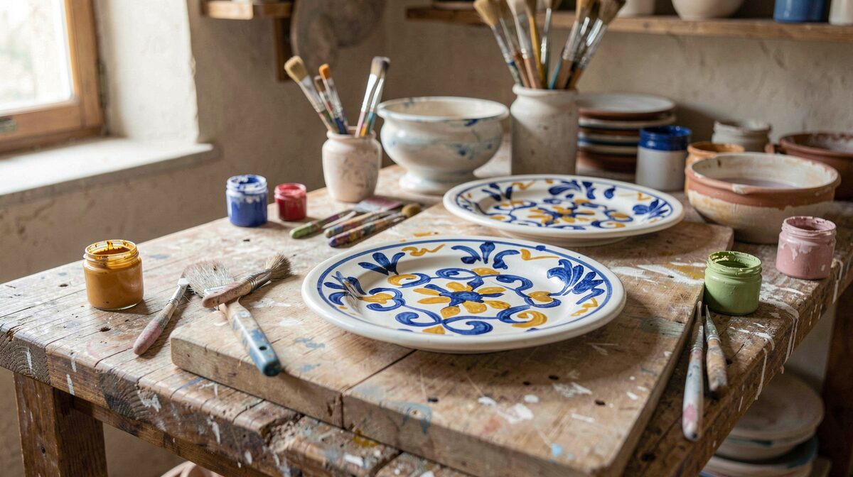 A potter's workbench in a Provencal faience workshop, freshly painted white ceramic plates with blue and ochre patterns drying on a wooden board, brushes and small pots of pigment, soft daylight from a side window.
