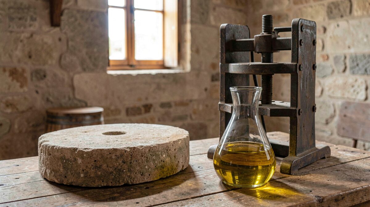 An olive oil mill in Provence, a stone millstone and a steel press, freshly pressed golden oil in a glass carafe on a wooden table, daylight from a high window.