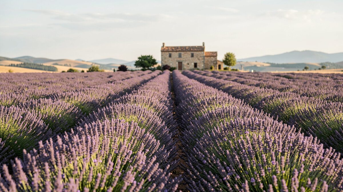 Rows of blooming lavender on the Valensole plateau in early July, a stone farmhouse at the far end of the field, low morning light, wide establishing shot.