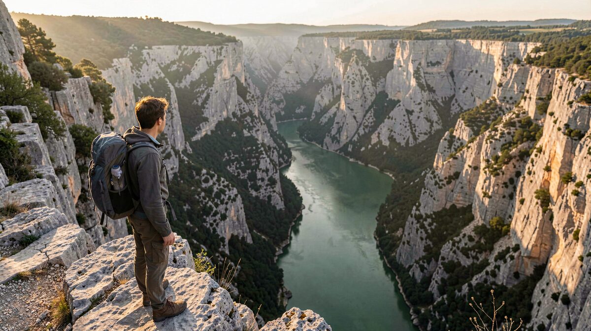 Un marcheur debout sur un belvédère calcaire au-dessus des gorges du Verdon, à l'aube, regardant l'eau verte en contrebas, lumière rasante et ombres longues sur les parois.