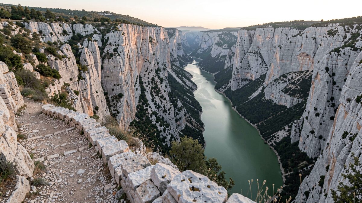 Vue depuis un belvédère des gorges du Verdon au petit matin, lumière rasante sur le calcaire blanc, un sentier de pierre sèche au premier plan et la rivière verte en contrebas, cadrage vertical.