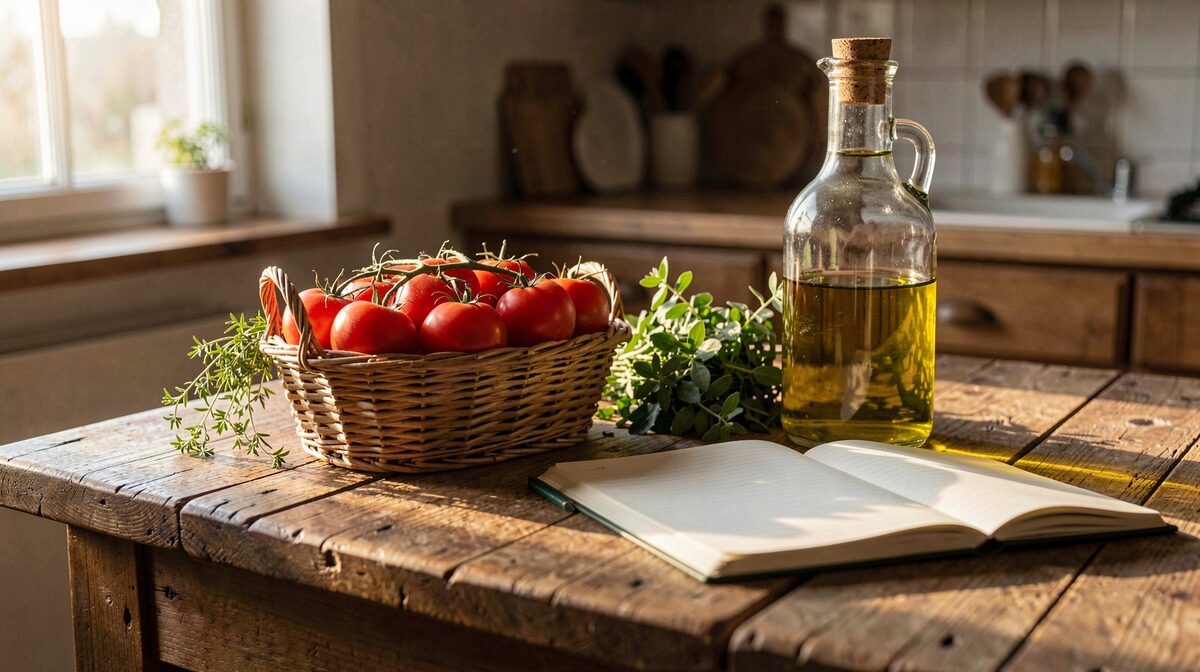 Une table de cuisine en bois brut, au petit matin, avec un panier de tomates mûres, un bouquet d'herbes fraîches et une bouteille d'huile d'olive posée près d'un carnet ouvert, lumière rasante venant d'une fenêtre à gauche, cadrage serré à hauteur de plan de travail.