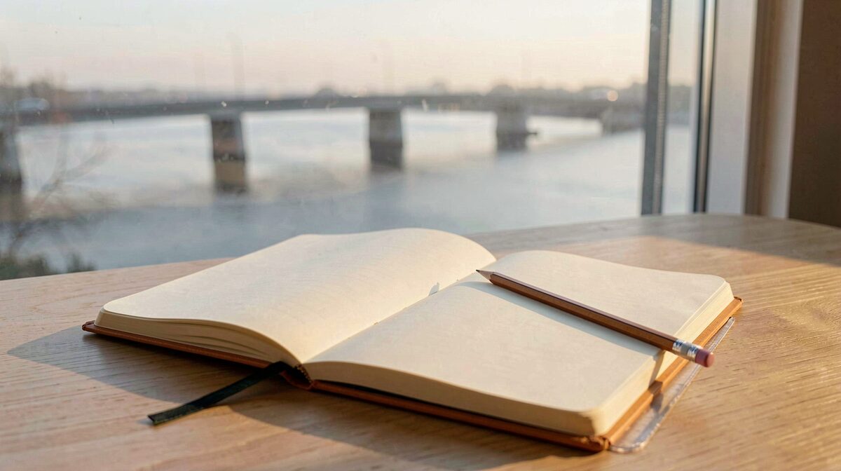 Un carnet ouvert sur une table de bois clair, près d'une fenêtre, avec un crayon posé sur la page de droite et, derrière la vitre, un pont bas sur une eau calme au petit matin ; lumière rasante, cadrage serré sur la page et le crayon.